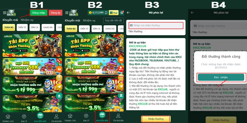 Các bước nhận mã code K9club