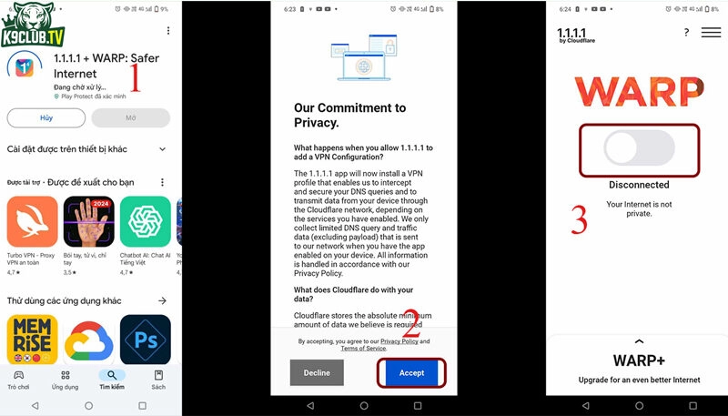 Tải app 1.1.1.1 trên điện thoại để truy cập k9club